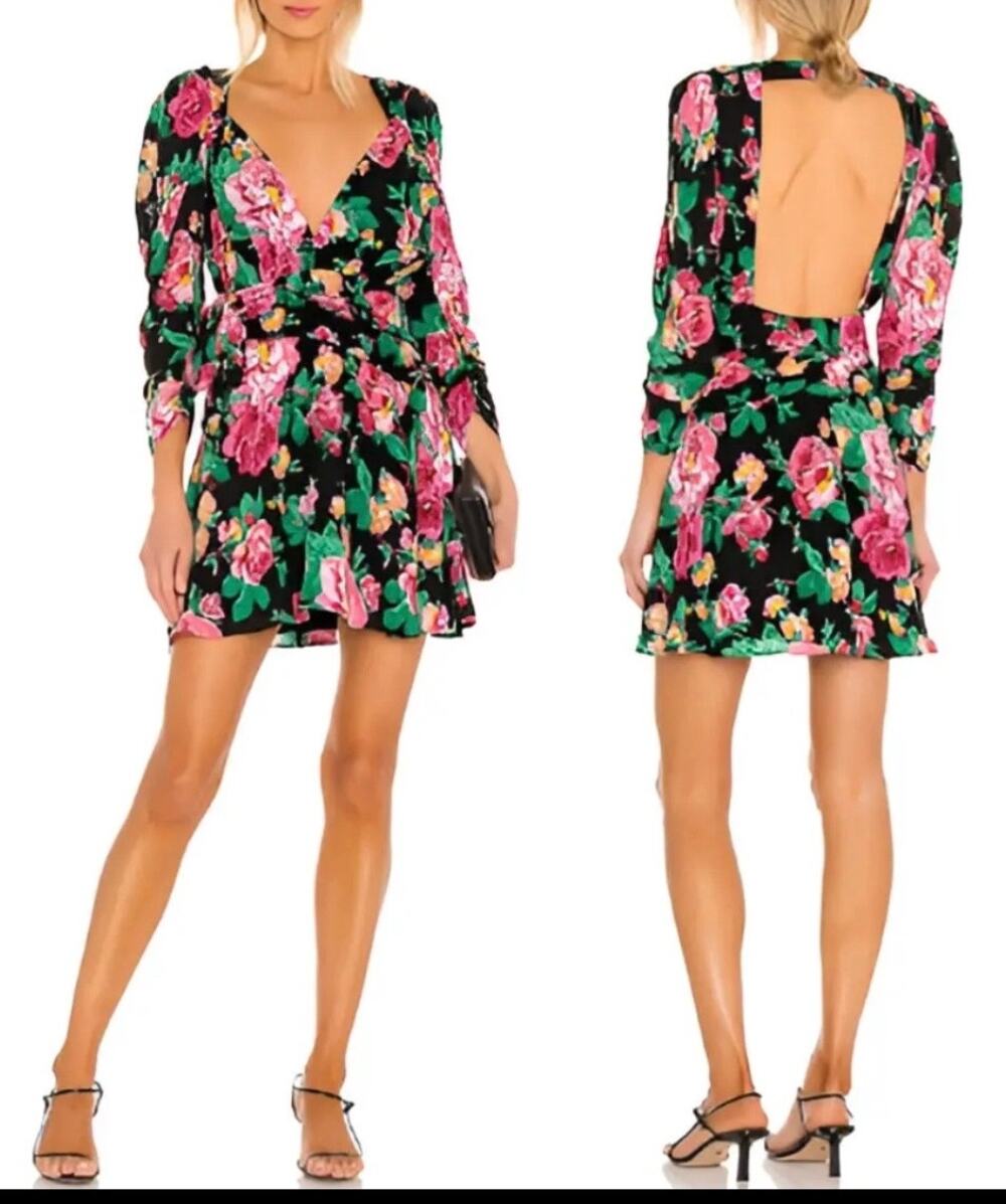 For Love & Lemons Mini Dress Black & Pink Satin Floral June